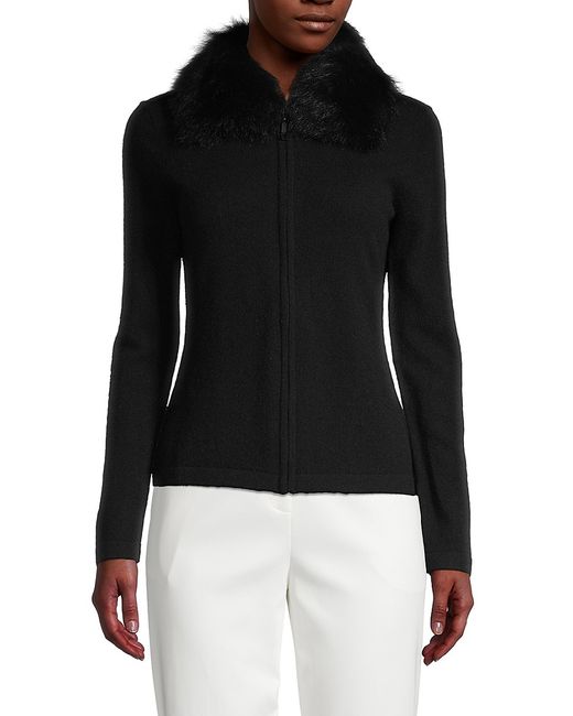 Amicale Shearling Collar Cashmere Zip-Up Sweater