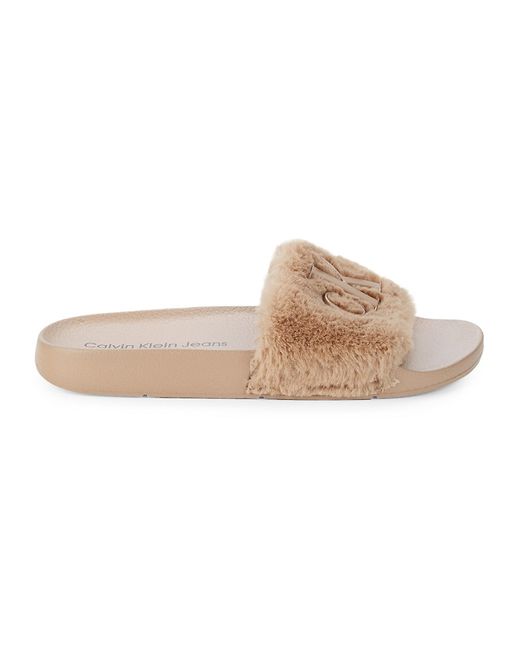Calvin Klein Jeans Amaya Logo Faux Fur Slides Sandals