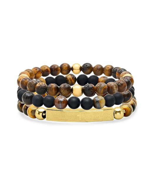Anthony Jacobs 3-Piece 18K Goldplated Stainless Steel Tiger Eye Lava Beaded Bracelet Set