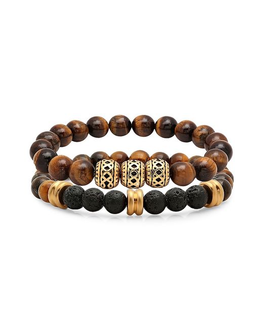Anthony Jacobs 2-Piece 18K Goldplated Stainless Steel Tiger Eye Lava Beaded Bracelet Set