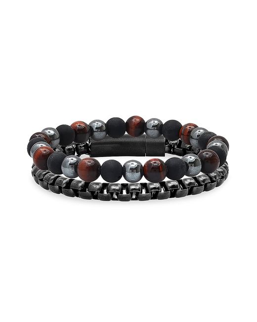 Anthony Jacobs 2-Piece Stainless Steel Lava Hematite Red Tiger Eye Beaded Bracelet Set