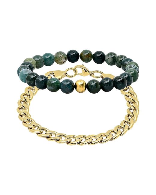 Anthony Jacobs 2-Piece 18K Goldplated Stainless Steel Agate Beaded Cuban Bracelet Set