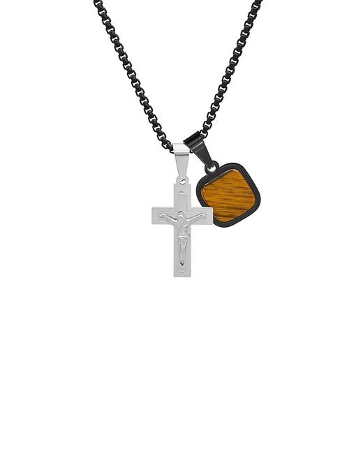 Anthony Jacobs Two-Tone Stainless Steel Tiger Eye Cross Dog Tag Pendant Necklace