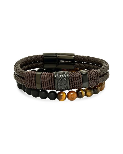 Anthony Jacobs 2-Piece IP Stainless Steel Leather Tiger Eye Bracelet Set
