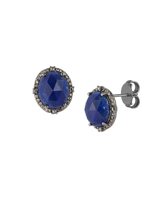 Banji Jewelry Rhodium-Plated Sterling Silver Lapis Brown Diamond Stud Earrings