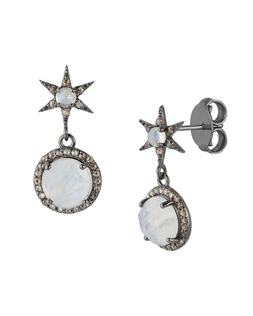 Banji Jewelry Rhodium-Plated Sterling Silver Rainbow Moonstone Brown Diamond Drop Earrings