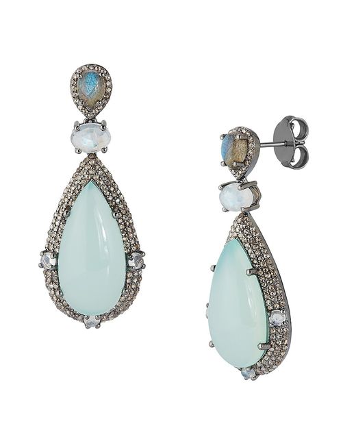 Banji Jewelry Rhodium-Plated Sterling Silver Aqua Calcedony Rainbow Moonstone Diamond Drop Earrings