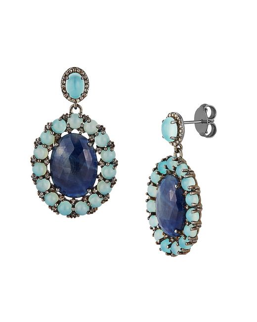 Banji Jewelry Rhodium-Plated Sterling Silver Sapphire Aqua Chalcedony Diamond Drop Earrings