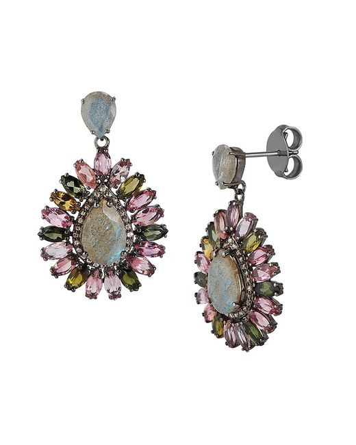 Banji Jewelry Rhodium-Plated Sterling Silver Labradorite Multicolored Tourmaline Diamond Drop Earrings