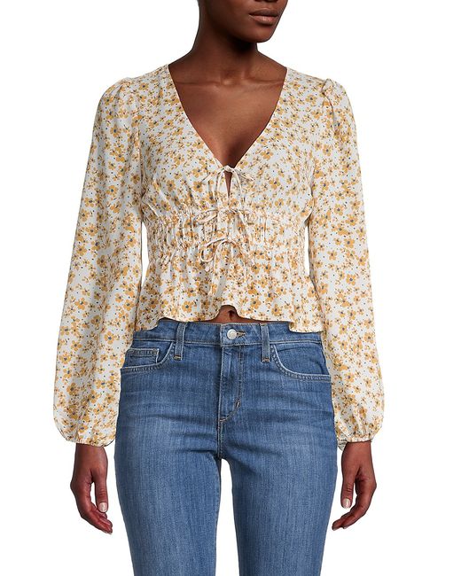 Lush Print Smocked Tie-Front Cropped Top