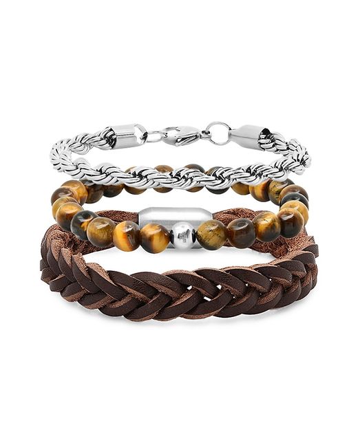 Anthony Jacobs 3-Piece Stainless Steel Leather Tiger Eye Bracelet Set