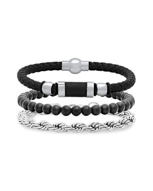 Anthony Jacobs 3-Piece Leather Braided Stainless Steel Beaded Bracelet Set