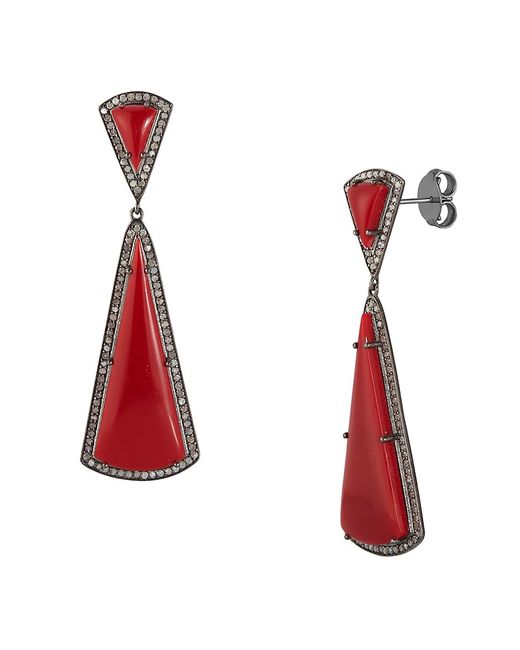 Banji Jewelry Rhodium Sterling Coral Diamond Drop Earrings