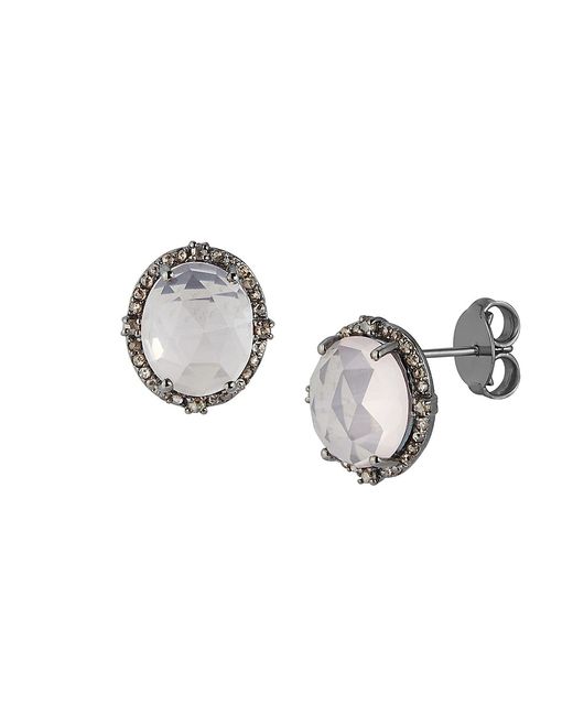 Banji Jewelry Rhodium-Plated Sterling Silver Rose Quartz Diamond Stud Earrings