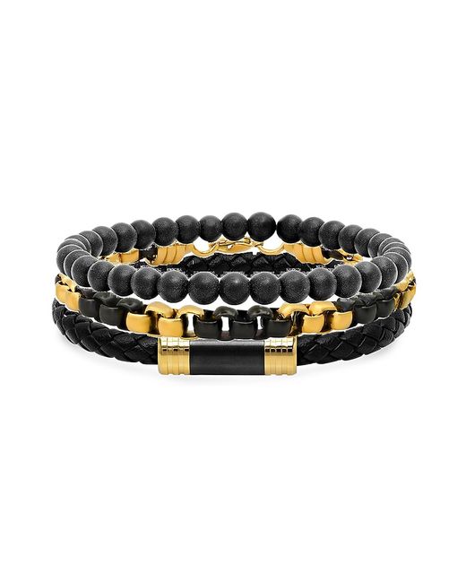 Anthony Jacobs 3-Piece Two-Tone Stainless Steel Lava Beads Leather Bracelet Set