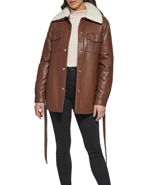 Kenneth Cole Faux Leather Sherpa Belted Shirt Jacket