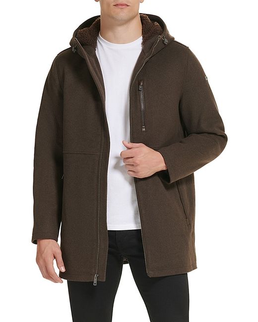 Kenneth Cole Faux Shearling Hooded Wool Blend Coat