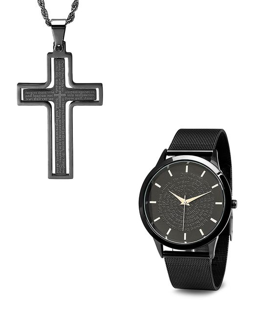 Anthony Jacobs 2-Piece 43MM Stainless Steel Mesh Bracelet Watch Cross Pendant Necklace Set