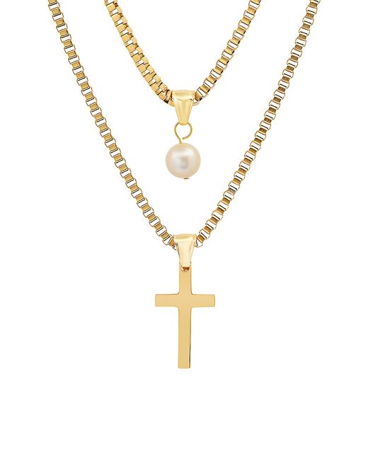 Anthony Jacobs Stainless Steel Cross Pearl Pendant Layered Necklace