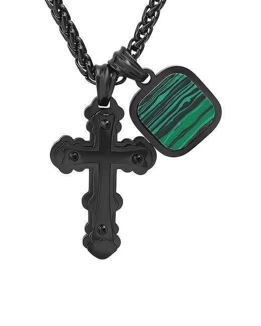 Anthony Jacobs 18K Gold Plated or Black IP Square Simulated Malachite Double Cross Pendant Necklace