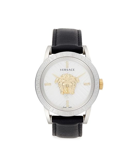 Versace 43MM Stainless Steel Case Leather Strap Logo Watch