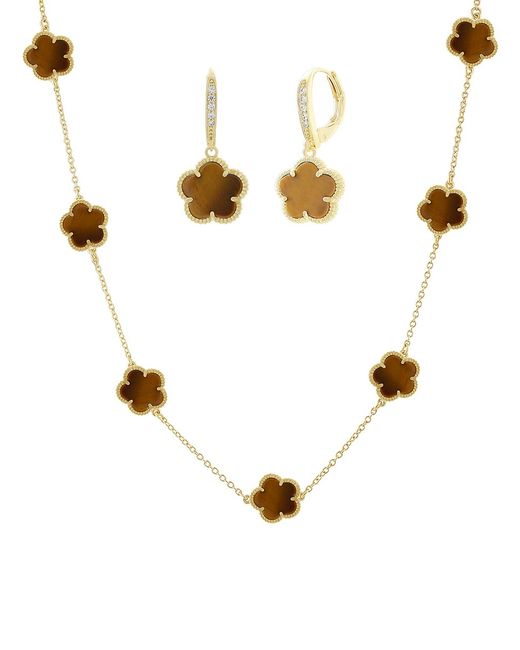 Jan-Kou Flower 2-Piece 14K Goldplated Tiger Eye Cubic Zirconia Necklace Earrings Set