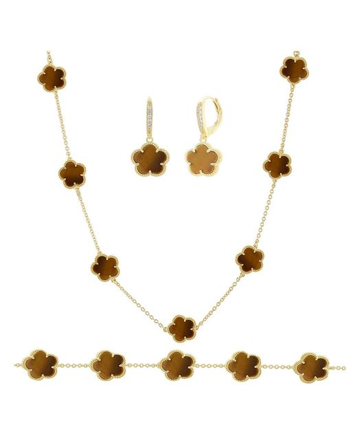 Jan-Kou Flower 3-Piece 14K Goldplated Tiger Eye Cubic Zirconia Necklace Earrings Bracelet Set