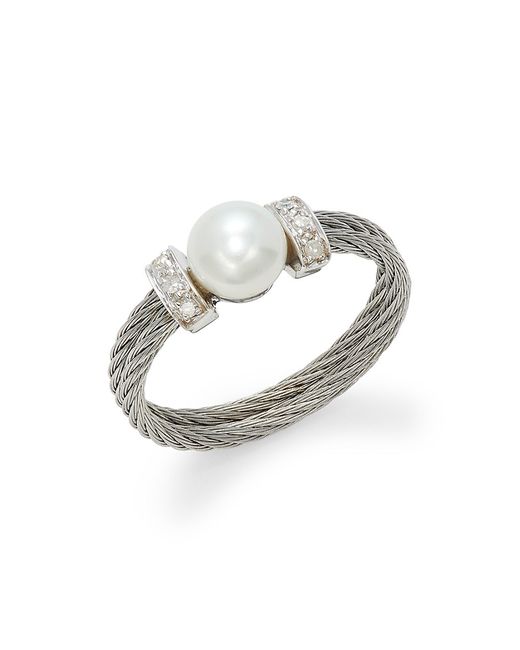 Alor 18K Stainless Steel 2MM Freshwater Pearl Diamond Cable Ring