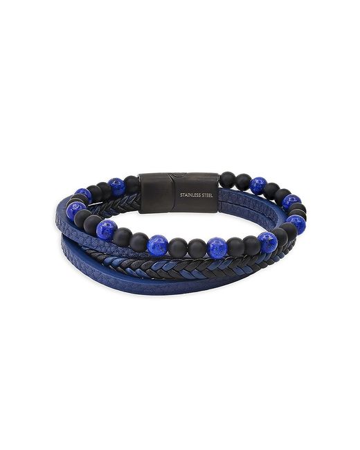 Anthony Jacobs IP Stainless Steel Leather Lapis Lazuli Lava Layered Bracelet