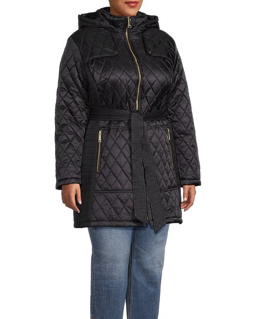Nine West Plus Belted Hooded Puffer Jacket 1X
