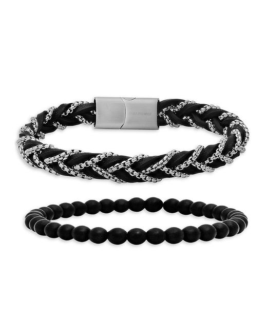 Anthony Jacobs 2-Piece Leather Stainless Steel Lava Bead Bracelet Set