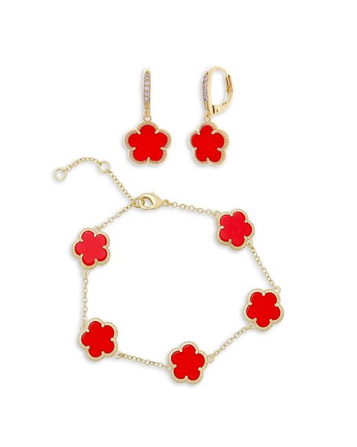 Jankuo Flower 2-Piece 14K Goldplated Cubic Zirconia Station Bracelet Drop Earrings Set