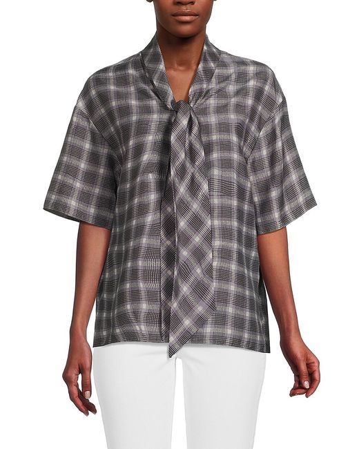 Theory Tie Neck Plaid Silk Blend Top