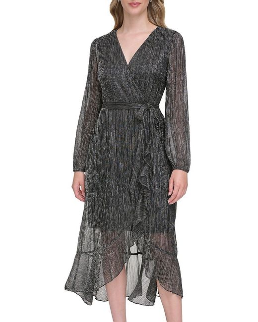 Kensie Metallic Crinkle Belted Midi Dress