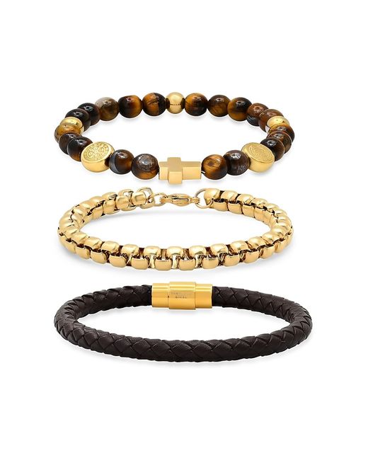 Anthony Jacobs 3-Piece 18K plated Stainless Steel Leather Tiger Eye Bracelet Set