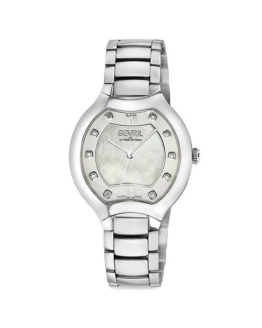 Gevril Lugano 35MM Stainless Steel Mother Of Pearl Diamond Bracelet Watch