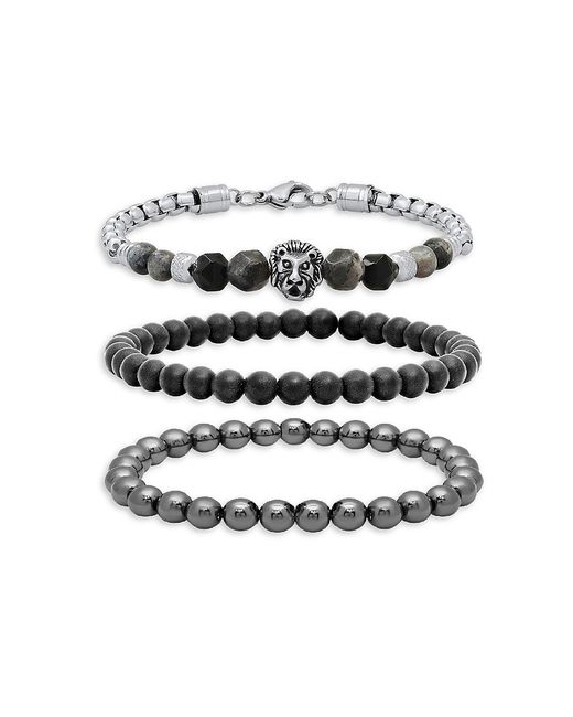 Anthony Jacobs 3-Piece Stainless Steel Agate Hematite Beaded Stretch Bracelet