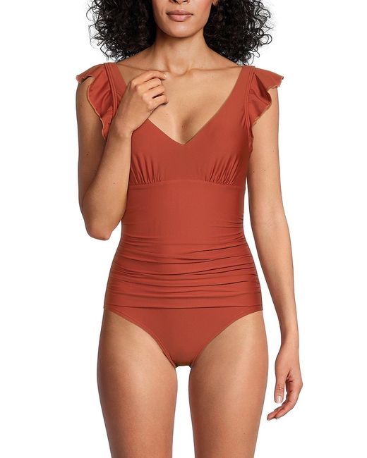 Dkny One-Piece Ruched Ruffle Trim Swimsuit
