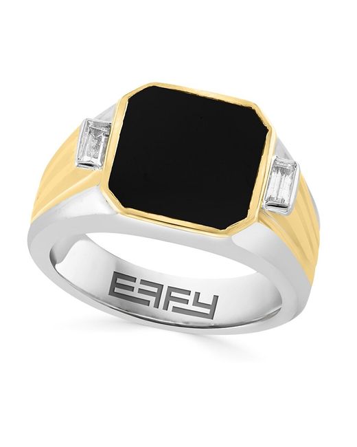 Effy 14K Yellow Gold Sterling Onyx White Topaz Signet Ring