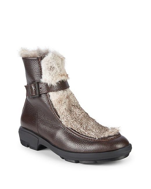 Aquatalia Marcello Embossed Rabbit Fur Shearling Leather Ankle Boots