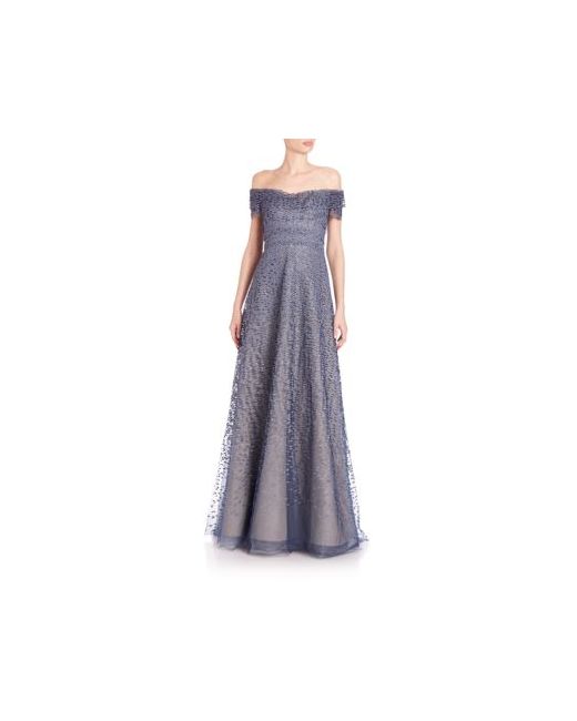 Rene Ruiz Off-The-Shoulder Lace Jacquard Gown