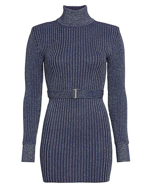 Hervé Léger Glitter Rib-Knit Belted Mini Turtleneck Sweater Dress