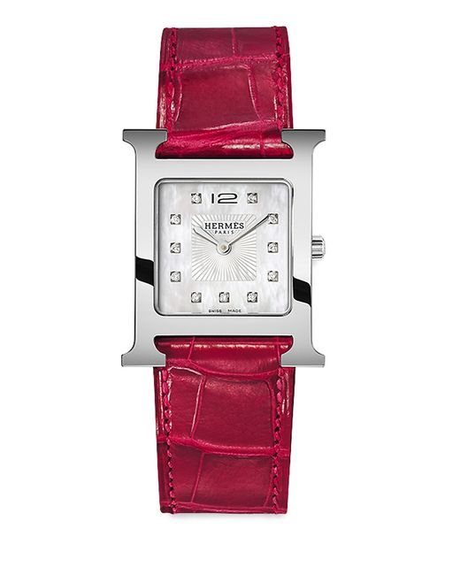 Hermès Heure H 26MM Diamond Stainless Steel Alligator Strap Watch