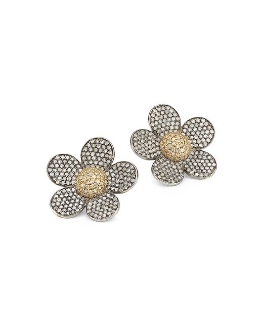Nina Gilin 14K Black Rhodium Silver Diamond Floral Stud Earrings