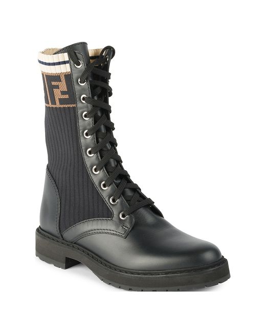 Fendi Rockoko Knit Leather Combat Boots 39 9