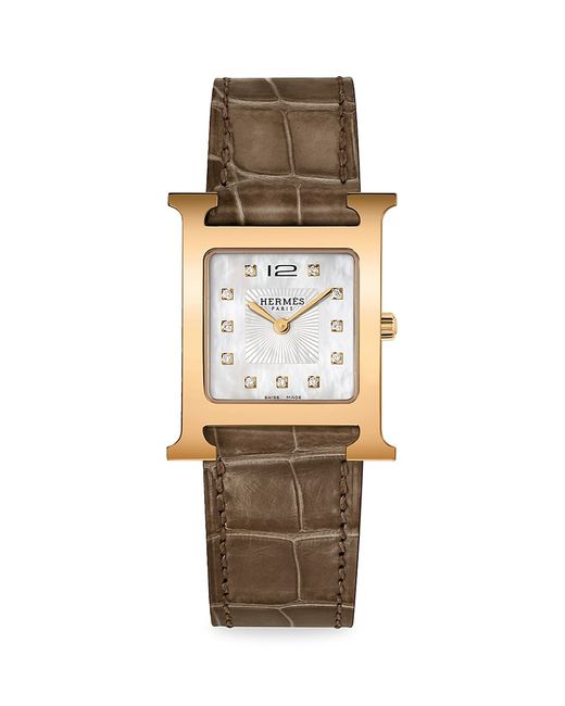 Hermès Heure H Diamond Rose Goldplated Steel Alligator Strap Watch