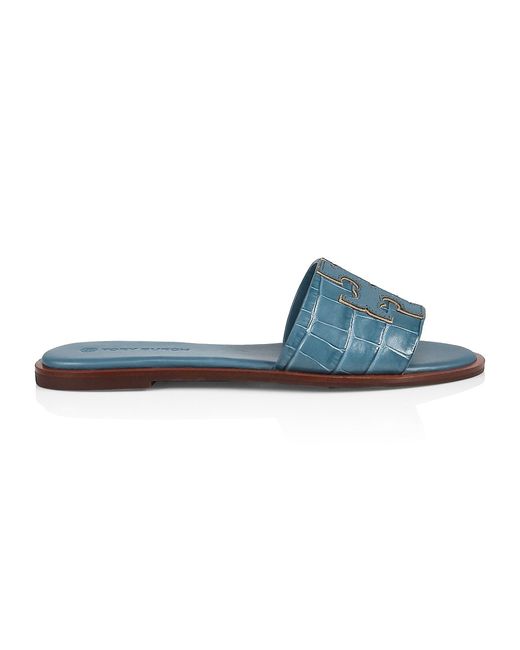 Tory Burch Ines Croc-Embossed Leather Slides Sandals