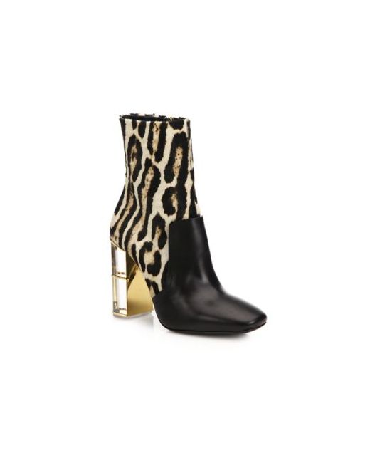 Roberto Cavalli Leopard-Print Calf Hair Leather Lucite Heel Booties