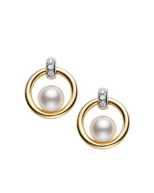 Mikimoto Circle Two-Tone 18K Gold Diamond Floating 5.5MM Cultured Akoya Pearl Drop-Hoop Earrings