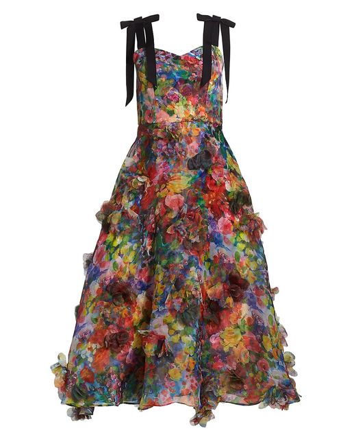 Marchesa Notte Organza 3D Appliquéd Tea-Length Gown